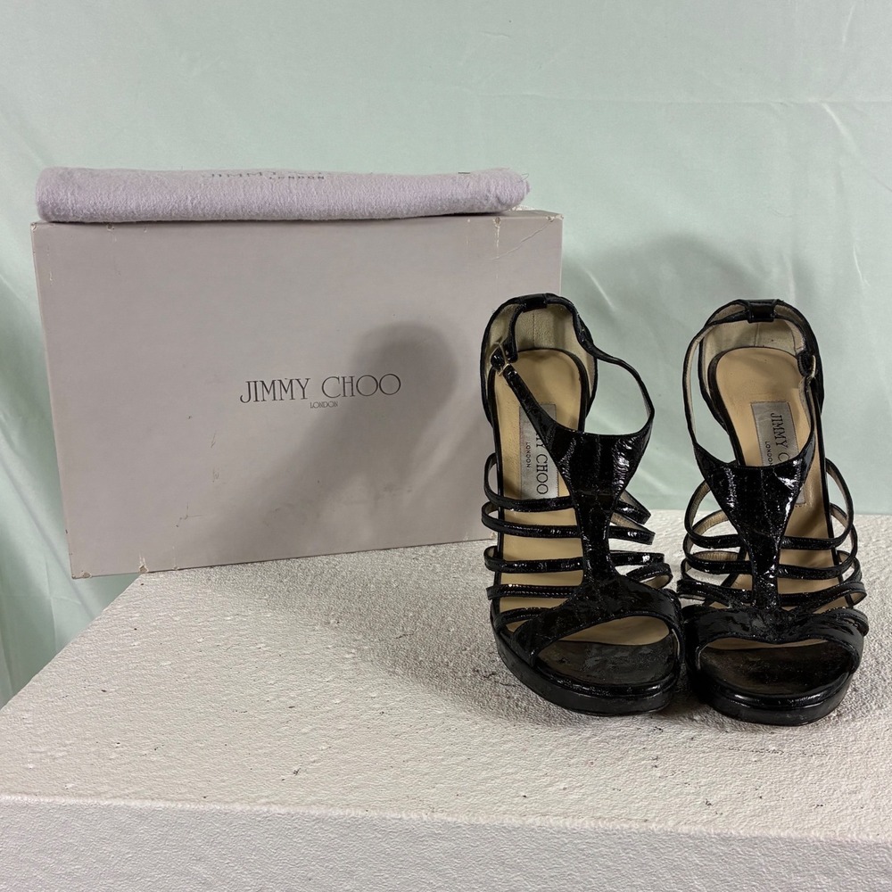 Jimmy‎ Choo Black Patent Leather Strappy Platform Stiletto Sandals Heels 37.5